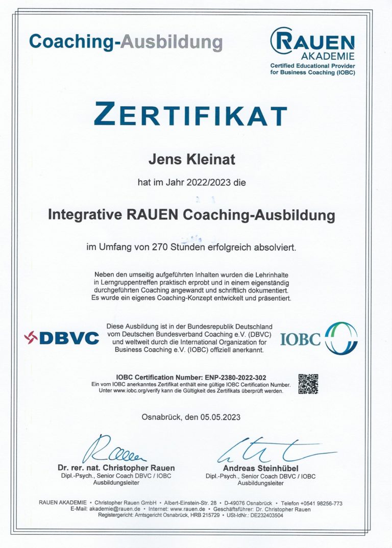 Zertifikat Coaching Ausbildung Jens Kleinat
